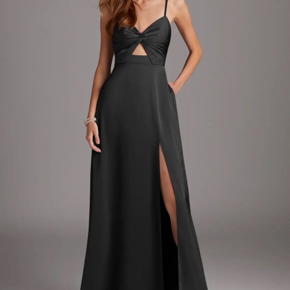 Azazie Black Spaghetti Strap Twist Cutout Satin Gown